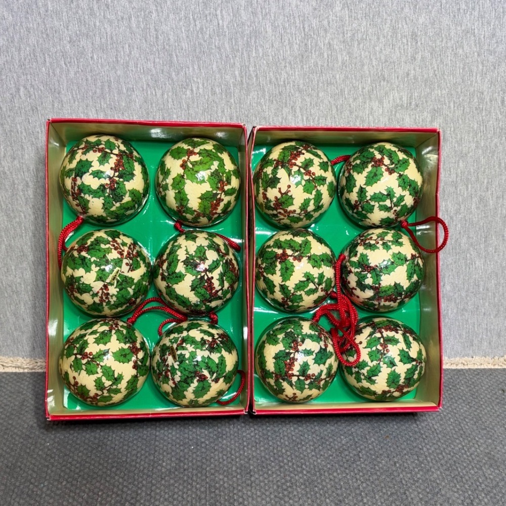 VTG 1990 Handmade Seasonal Decoupage Holly Berry Christmas Ornaments 12pc